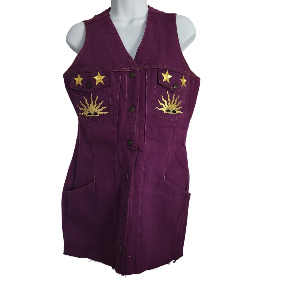 Vntg California Gold Rush Purple Embroidered Denim Button‎ Up Fitted Vest Sz Med